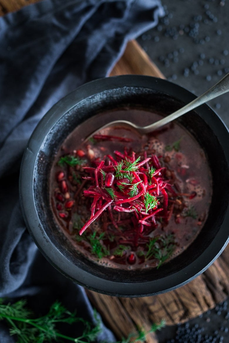 10 FEEL BETTER Brothy Soups to heal, comfort and help build immunity. Beet Broth and Lentil Soup | www.feastingathome.com
