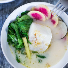 Poached Cod in Lemongrass Broth over Baby Spinach