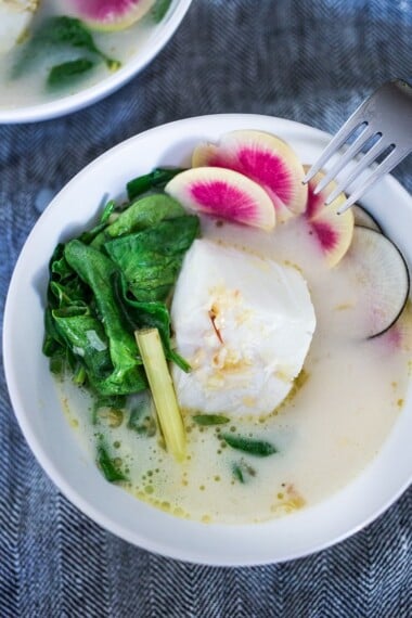 Poached Cod in Lemongrass Broth over baby Spinach | www.feastingathome.com