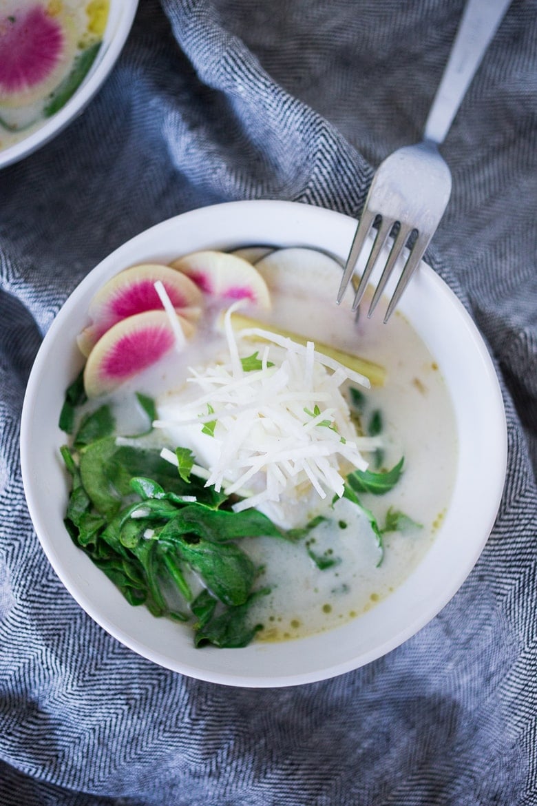 Poached Cod in Lemongrass Broth over Baby Spinach ...a fragrant, healing bowl that can be made in under 30 minutes. GF, Low Carb. | www.feastingathome.com