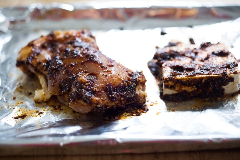 baked Salsa Macha chicken on a sheet pan