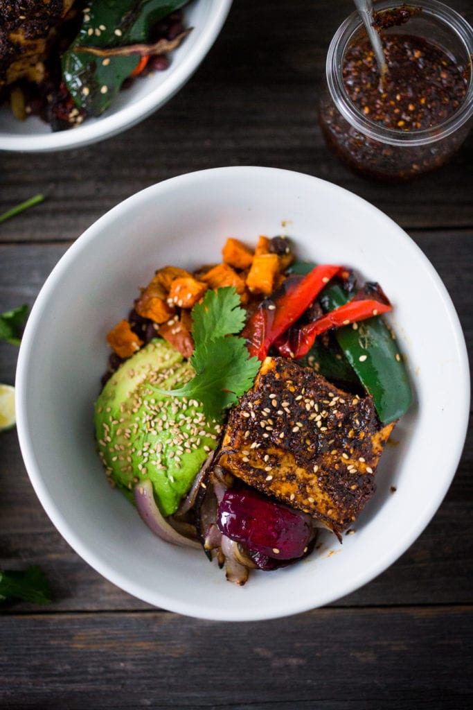 Salsa Macha Bowl- a sheet pan dinner made with with Chicken or Tofu, roasted yams and peppers, avocado and flavorful "Salsa Macha", a delicious Mexican condiment you will fall in love with! 