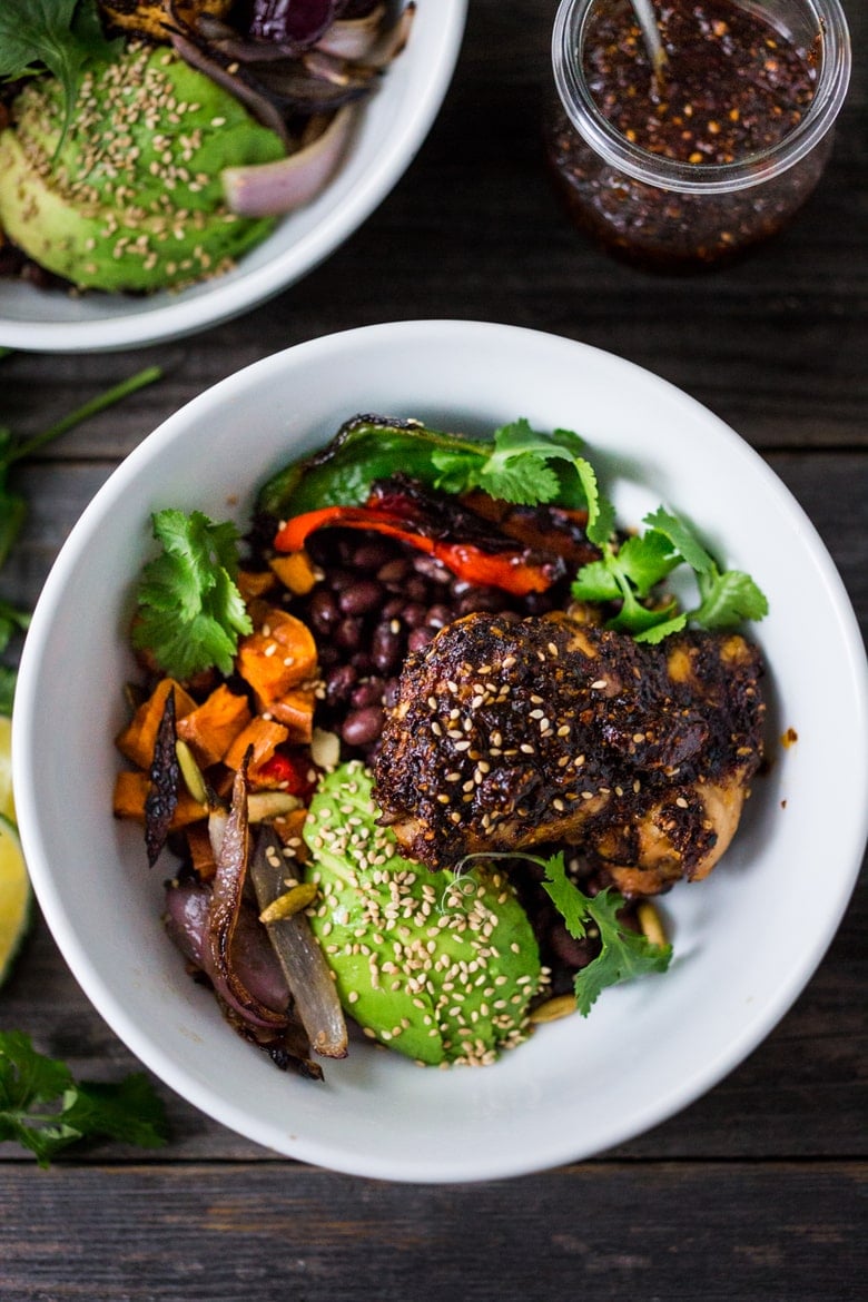 Salsa Macha Bowl- with Chicken or Tofu, roasted yams and peppers, avocado and flavorful "Salsa Macha", a delicious Mexican condiment you will fall in love with! | www.feastingathome.com