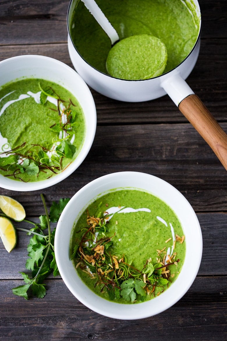 A simple delicious recipe for Thai Broccoli Soup with Coconut Milk - bursting with authentic Thai flavors. Make from scratch in 40 mins! Vegan & Gluten Free. | www.feastingathome.com