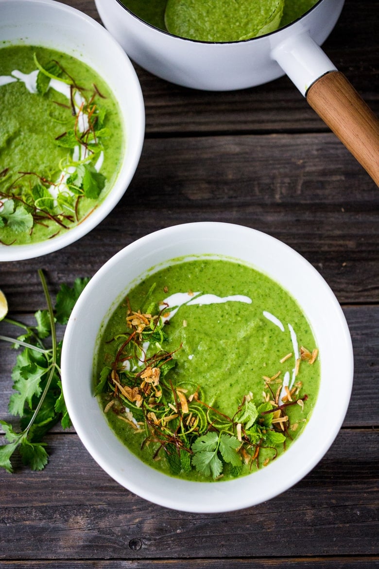 A simple delicious recipe for Thai Broccoli Soup with Coconut Milk- bursting with authentic Thai flavors. Make from scratch in 40 mins! Vegan & Gluten Free. | www.feastingathome.com