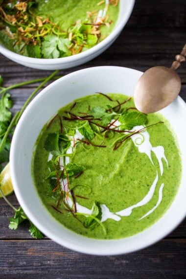 A simple delicious recipe for Thai Broccoli Soup with Coconut - bursting with authentic Thai flavors. Make from scratch in 40 mins! Vegan & Gluten Free. | www.feastingathome.com