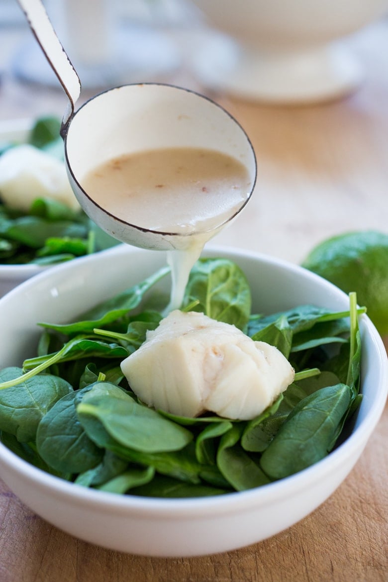 Poached Cod in Lemongrass Broth over Baby Spinach ...a fragrant, low carb, low calorie dinner that can be made in under 30 minutes. | www.feastingathome.com