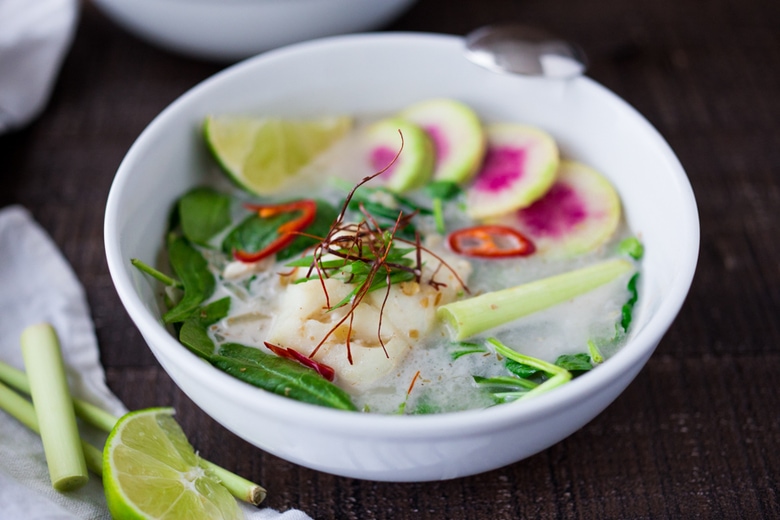 Poached Cod in Lemongrass Broth over Baby Spinach ...a fragrant, healing bowl that can be made in under 30 minutes. GF, Low Carb. | www.feastingathome.com