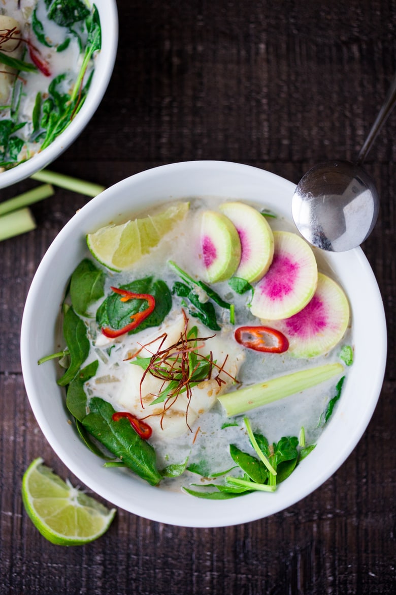 Poached Cod in Lemongrass Broth over Baby Spinach ...a fragrant, healing bowl that can be made in under 30 minutes. GF, Low Carb. | www.feastingathome.com