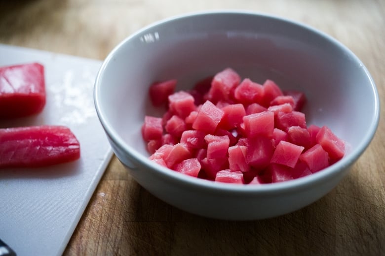 ahi cubes in a bowl. 