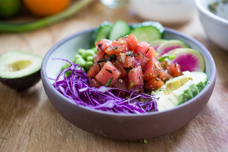 Poke - made with ahi tuna (or TOFU!) served over brown rice.