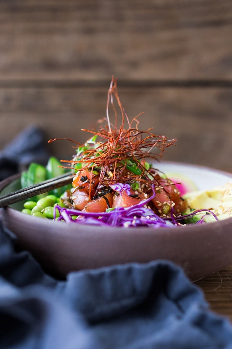 30 Summer Dinners for Hot Days! Poke Bowl- make with fresh ahi tuna or tofu in a flavorful Ponzu Dressing, loaded with fresh with veggies over rice! 