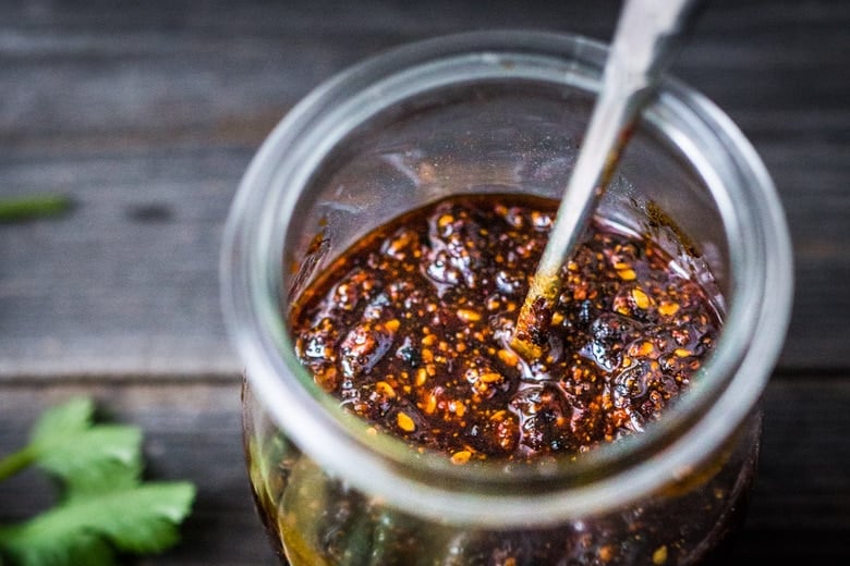 salsa macha in a small jar