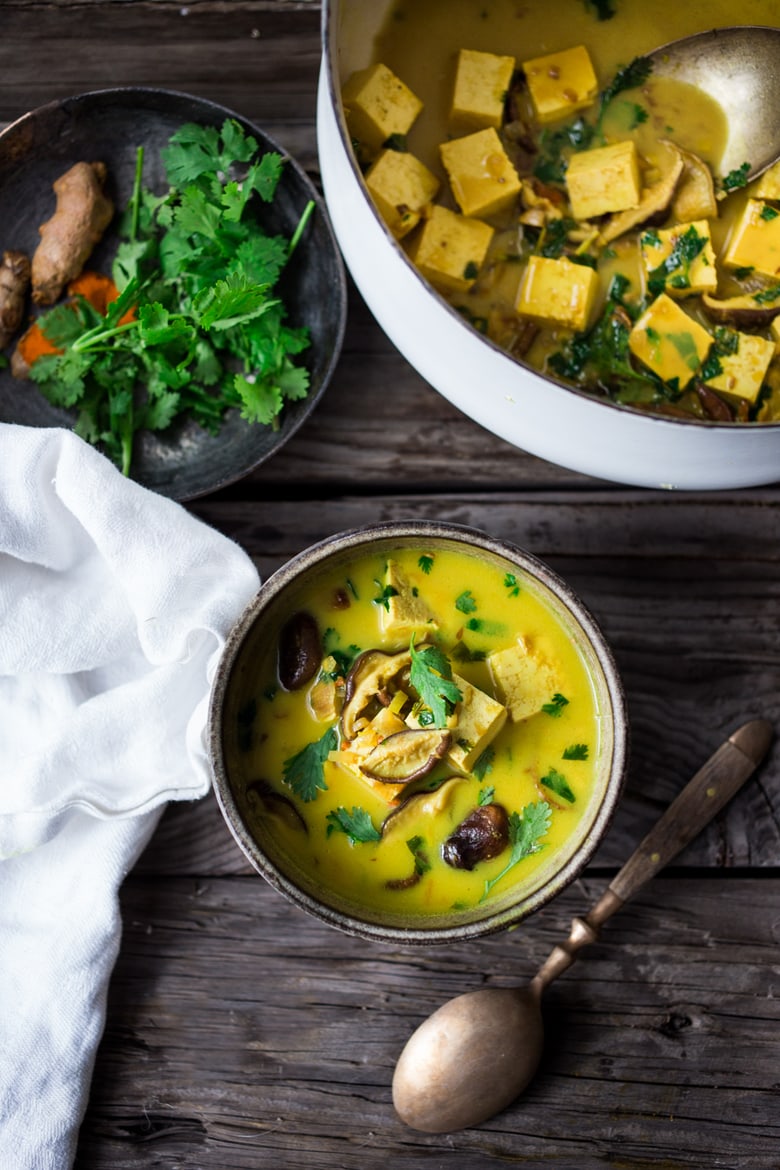 Turmeric Coconut Tofu with Shiitakes, a quick flavorful plant-powered meal with detoxing turmeric. Can be made in 20 minutes! Vegan and Gluten-Free adaptable! | #tofu #tofurecipes #shiitake #coconut #curry #vegancurry