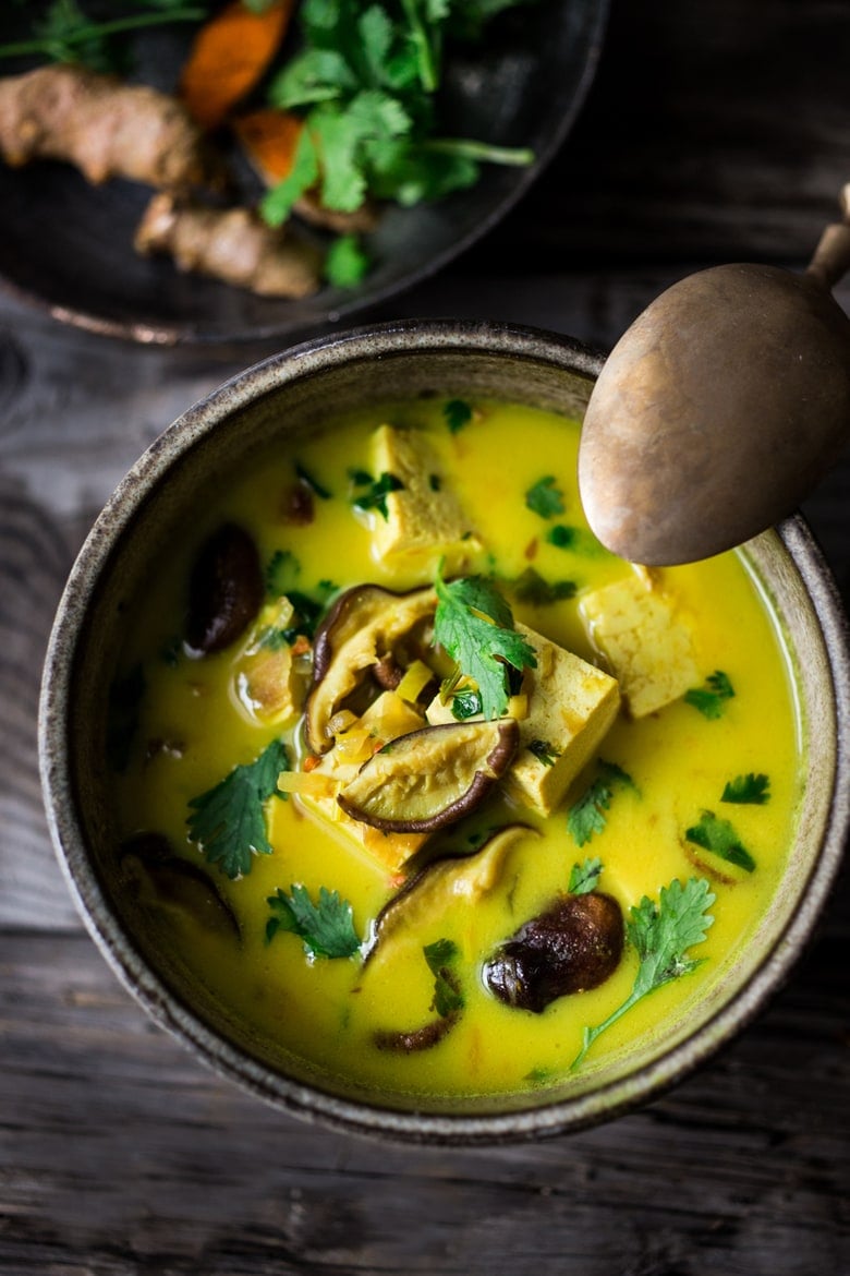 Turmeric Tofu Curry with Coconut and Shiitakes, a quick vegan and gluten free meal with detoxing turmeric. Can be made in 20 minutes! | www.feastingathome.com