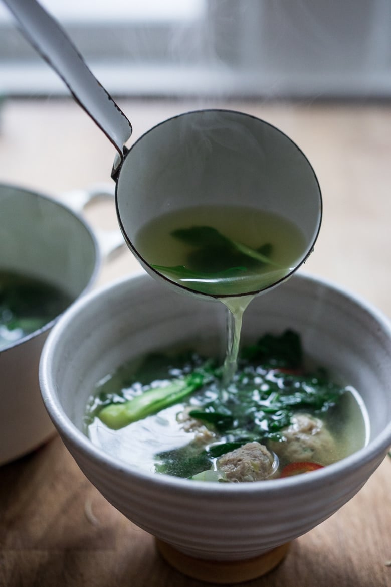 A healing recipe for Chicken Wonton-Less Soup with Bok Choy- a simple flavorful broth-based soup that is paleo, low carb and gluten free. | www.feastingathome.com