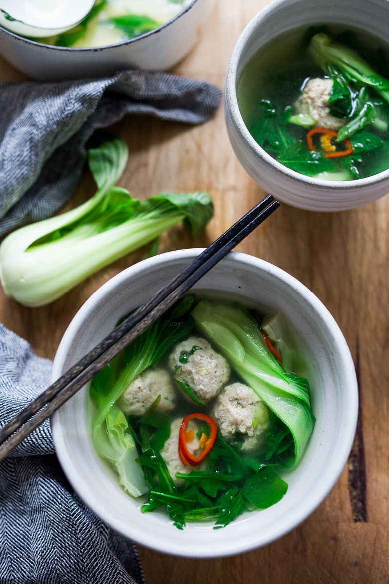 A healing recipe for Chicken Wonton-Less Soup with Bok Choy- a simple flavorful broth-based soup that is paleo, low carb and gluten free. | www.feastingathome.com