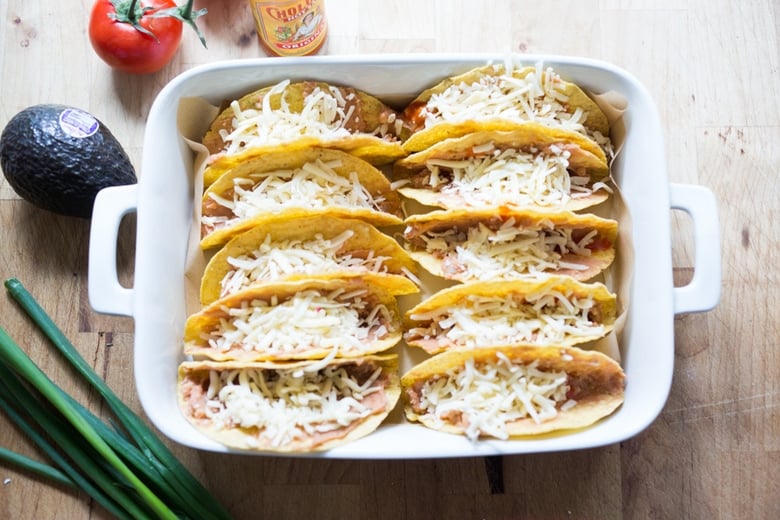 Healthy Baked Vegetarian Tacos - Kid friendly and just 15 minutes of prep before going into the oven to bake. | 