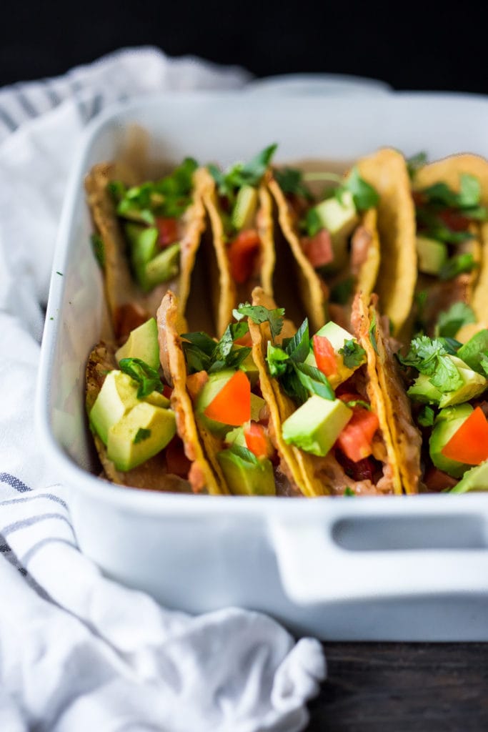 Healthy Baked Vegetarian Tacos - Kid friendly and just 15 minutes of prep before going into the oven to bake. | www.feastingathome.com