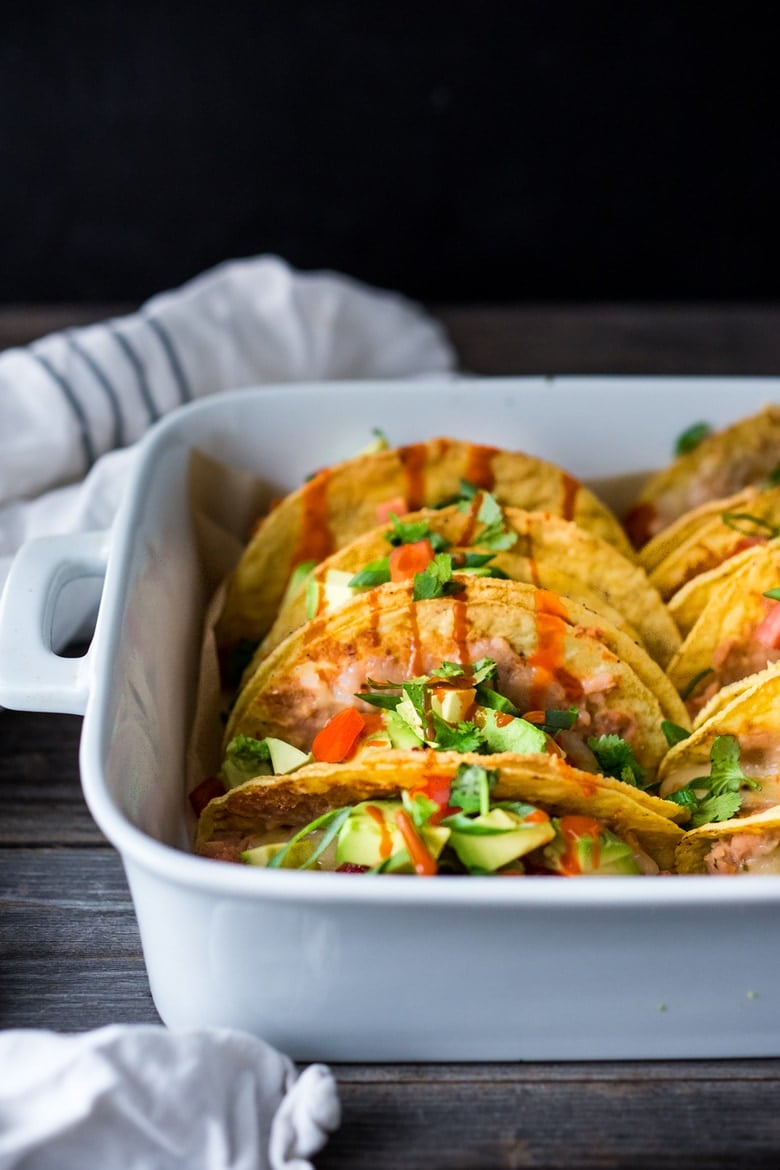 Healthy Baked Vegetarian Tacos - Kid friendly and just 15 minutes of prep before going into the oven to bake. | www.feastingathome.com