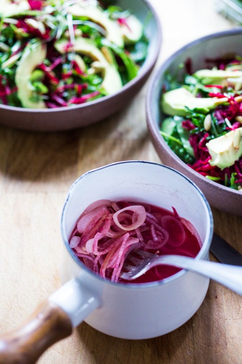 QUICK PICKLED SHALLOTS add the BEST flavor! Serve over salads, wraps or in sandwiches! | www.feasingathome.com