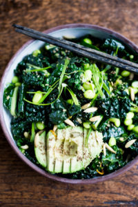 Emerald Kale Salad w/ Sesame Ginger Dressing, Avocado, edamame, scallions, pumpkin seeds and orange zest. Add seared tofu and turn it into dinner! | www.feastingathome.com #vegan #kale #salad #glutenfree