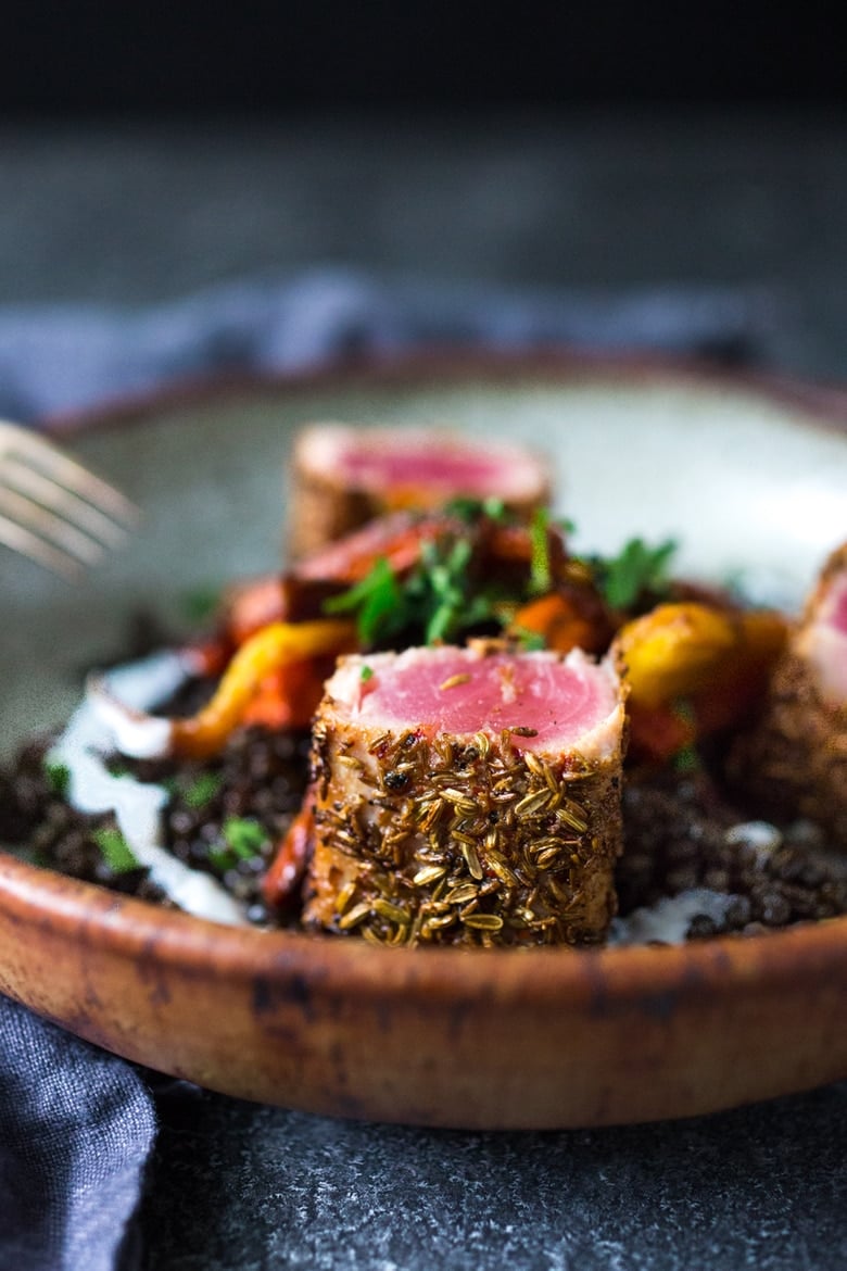 Seared Ahi served over Moroccan Seasoned Lentils with Roasted Carrots | www.feastingathome.com