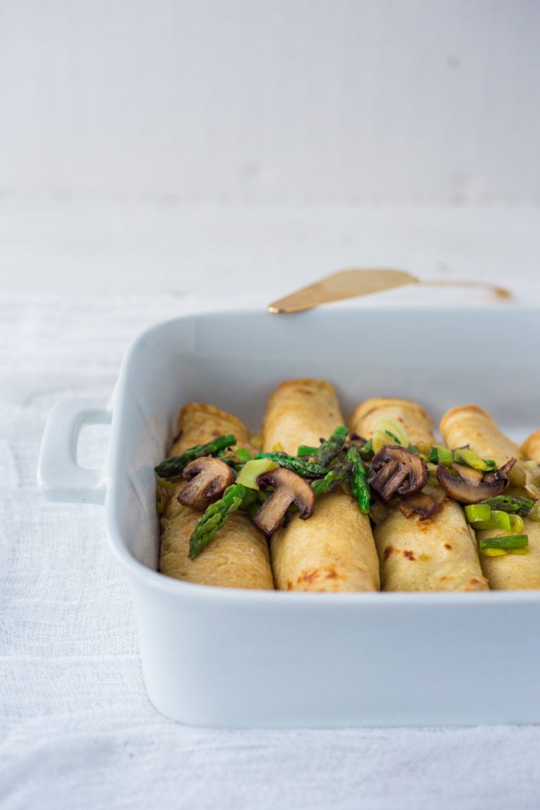 Baked Crepes with Asparagus, Leeks, Mushrooms & Goat Cheese