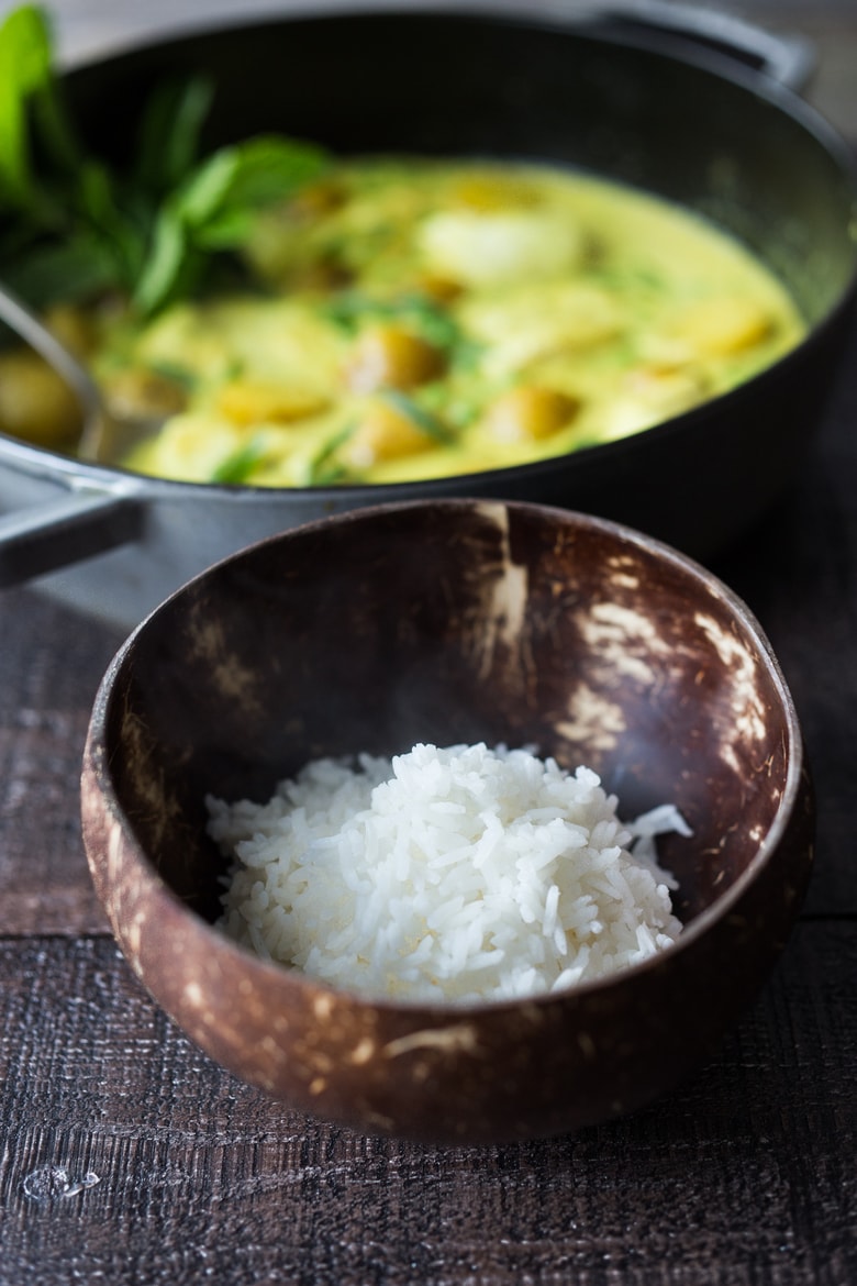 Balinese Fish Curry with potatoes, spring veggies, lime and mint in a fragrant curry sauce.| www.feastingathome.com 