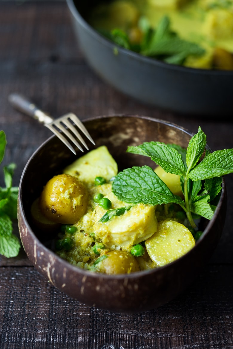 Balinese Fish Curry with potatoes, spring veggies, lime and mint in a fragrant curry sauce.| www.feastingathome.com 