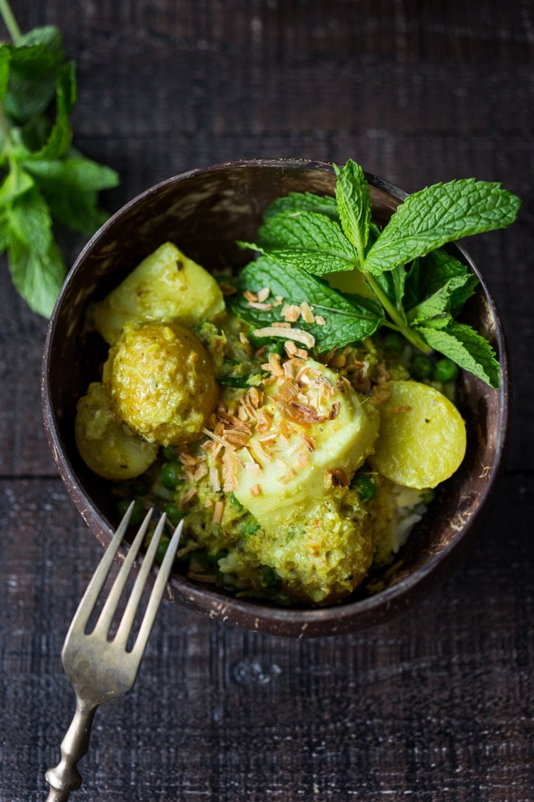 Balinese Fish Curry with potatoes, spring veggies, lime and mint in a fragrant curry sauce.| www.feastingathome.com 