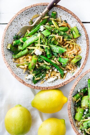 Spring Orzo Pasta with Asparagus, Lemon and Dill- serve this warm as quick flavorful entree or chilled as a side salad.