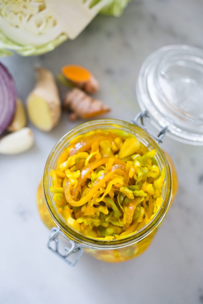 Turmeric Sauerkraut in a jar. 