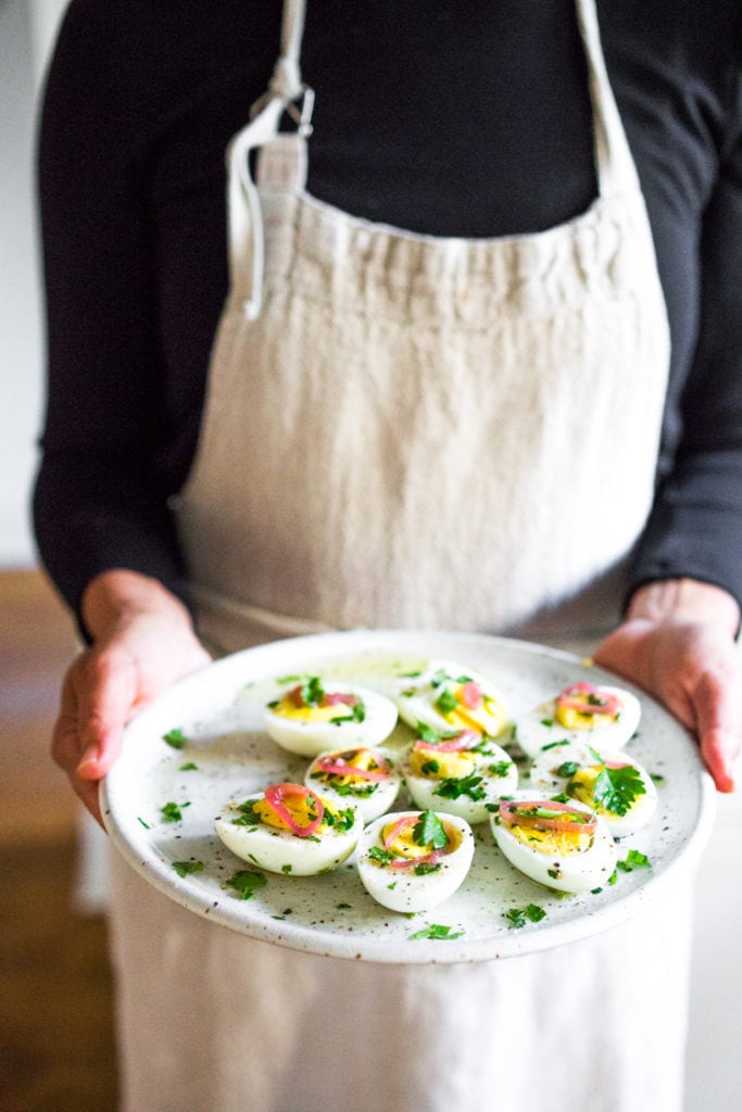 Hard Boiled Eggs with Olive Oil, Herbs and Pickled Shallots