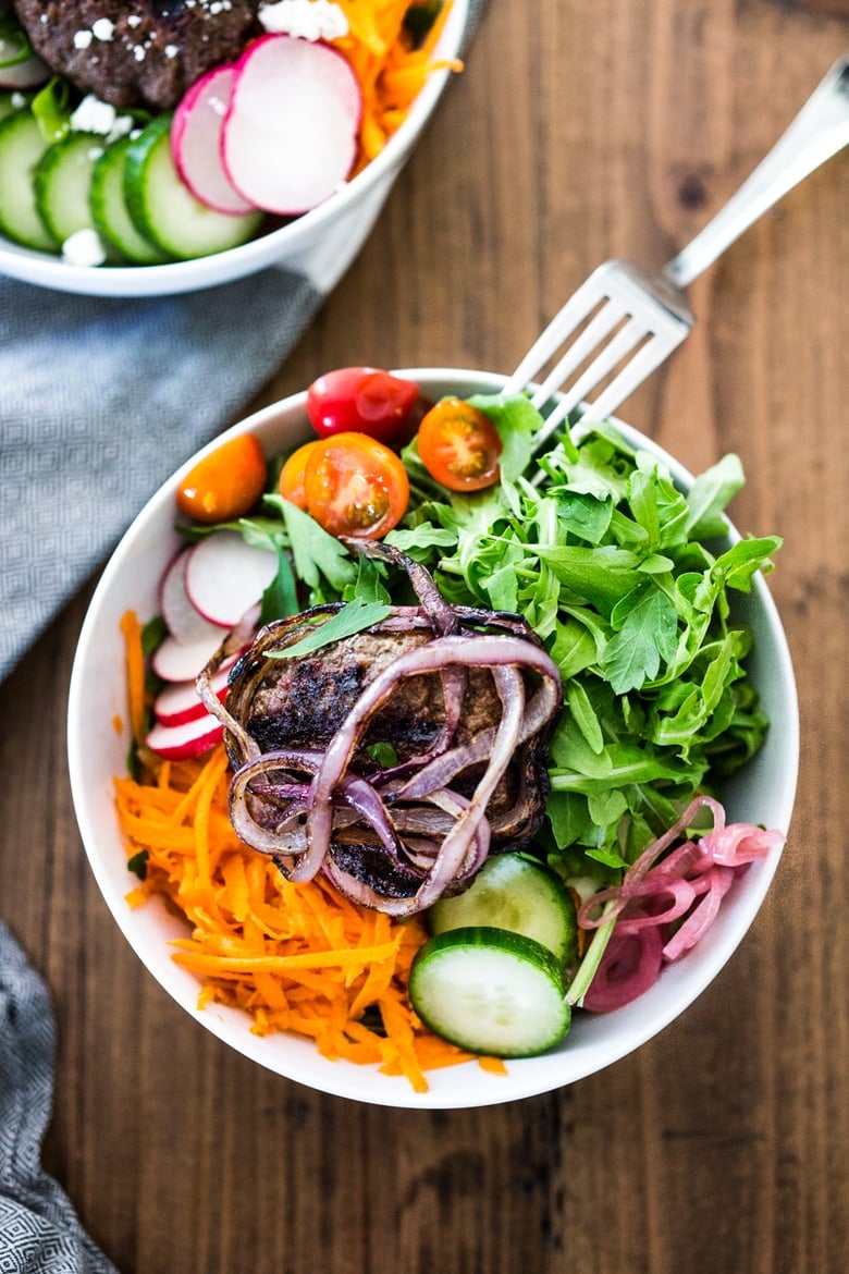 Burger in a Bowl- a fast healthy way to serve up our favorite summertime meal! |www.feastingathome.com