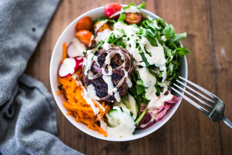 Healthy Tasty BURGER BOWLS- loaded up w/ healthy veggies & greens, can be made with grass-fed beef, lamb, turkey or veggie burgers! Gluten-free, vegan! | www.feastingathome.com