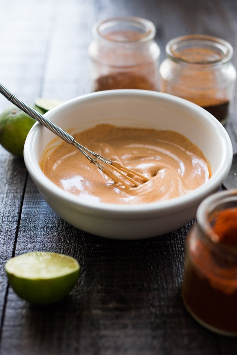 Chipotle Mayo- aka Mexican Secret Sauce! A simple 5 minute sauce that add a burst of flavor to any meal. Vegan adaptable and GF | www.feastingathome.com