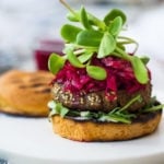 Sprouted Lentil Burgars- grillable, vegan and gluten free adaptable. Topped with picked beets. | www.feastingathome.com