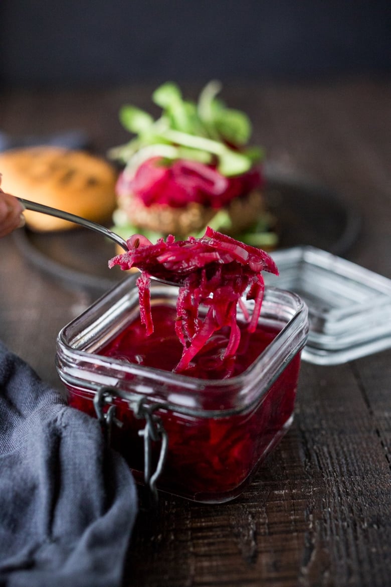 Quick Pickled Beets with Sprouted Lentil Burgers- grillable, vegan and gluten-free adaptable. Super healthy and delicious, packed with living nutrients! Topped with quick picked beets. | www.feastingathome.com