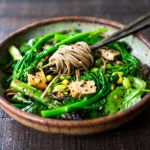 Vegan soba noodles loaded up with fresh seasonal veggies ad sesame dressing.