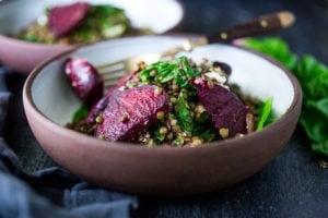 Warm Lentils with chard, roasted beets, goat cheese and spring herbs. | www.feastingathome.com