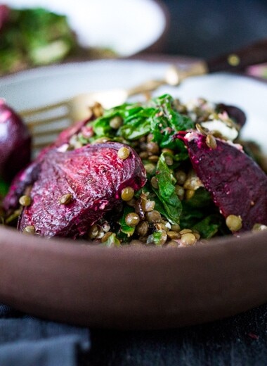 Warm Lentils with chard, roasted beets, goat cheese and spring herbs. | www.feastingathome.com