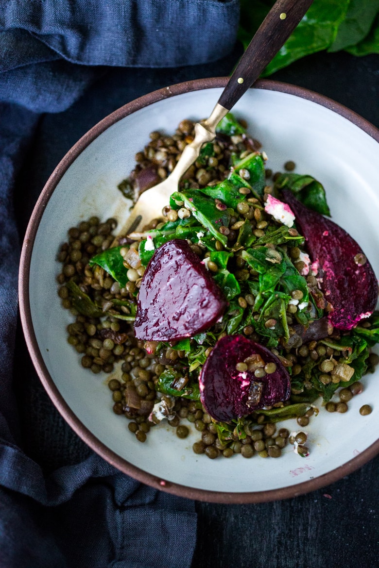 Warm Lentils with wilted chard, roasted beets, goat cheese and spring herbs. A simple tasty vegetarian meal! #halfcuphabit #justaddpulses | www.feastingathome.com