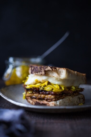 Tempeh Reuben with Smoked Mozzarella and Turmeric Sauerkraut