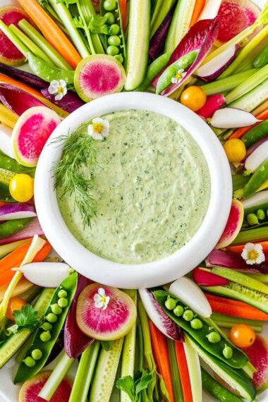 Creating a beautiful crudité platter is simple and easy! It's a delicious and healthy appetizer idea made with cut vegetables and dip, a fun way to incorporate more vegetables into our diet! Vegan and Gluten Free!