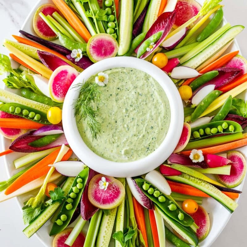 Creating a beautiful crudité platter is simple and easy! It's a delicious and healthy appetizer idea made with cut vegetables and dip, a fun way to incorporate more vegetables into our diet! Vegan and Gluten Free!