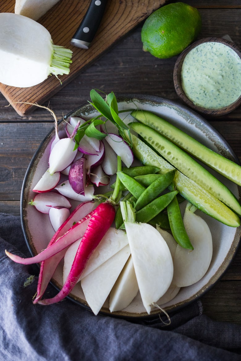 Farmers Market Veggies and Cilantro Dip- a flavorful, delicious & healthy snack! vegan adaptable & gluten free! | #dip #healthydip #farmersmarketveggies #veggiesanddip #vegan #vegandip www.feastingathome.com