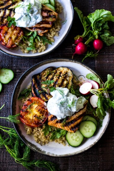 Grilled Salmon Tzatziki Bowl- a fast and delicious weeknight meal loaded up with healthy veggies! | www.feastingathome.com