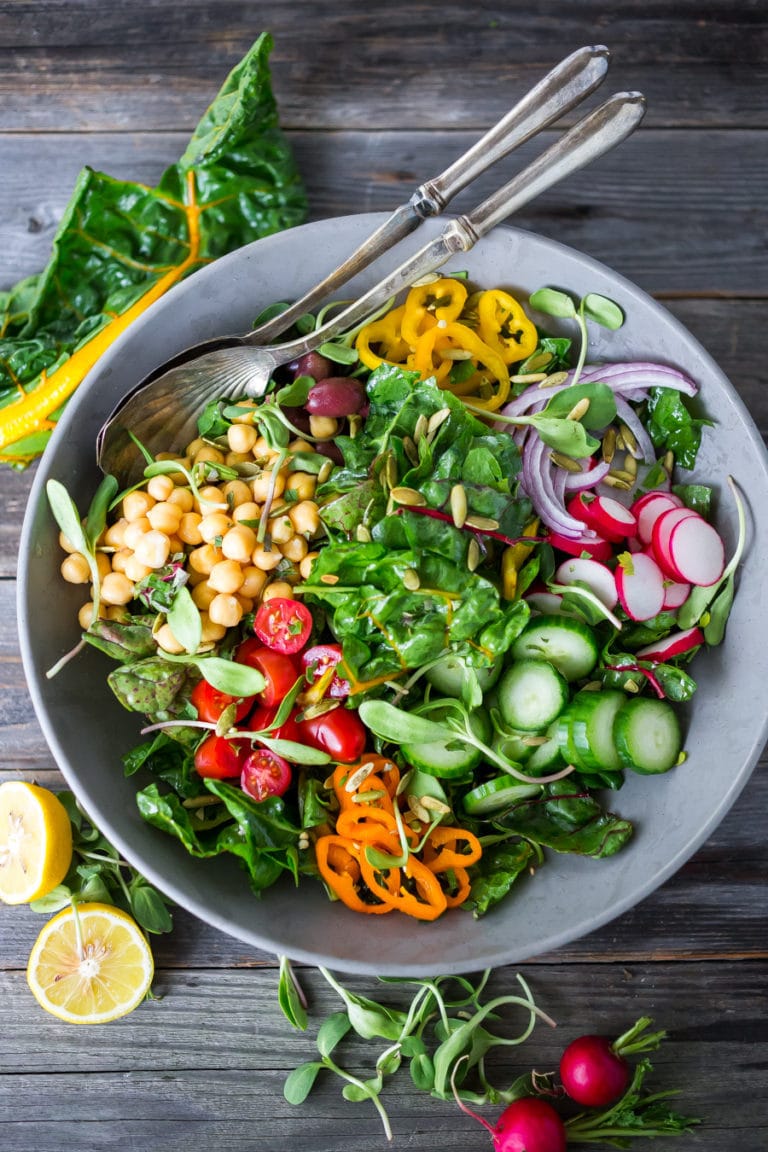 Mediterranean Chard and Chickpea Salad with farmers market veggies and simple lemon dressing. | www.feastingathome.com