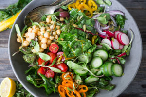 Mediterranean Chard Salad with farmers market veggies, chickpeas and toasted pepitas. | www.feastingathome.com